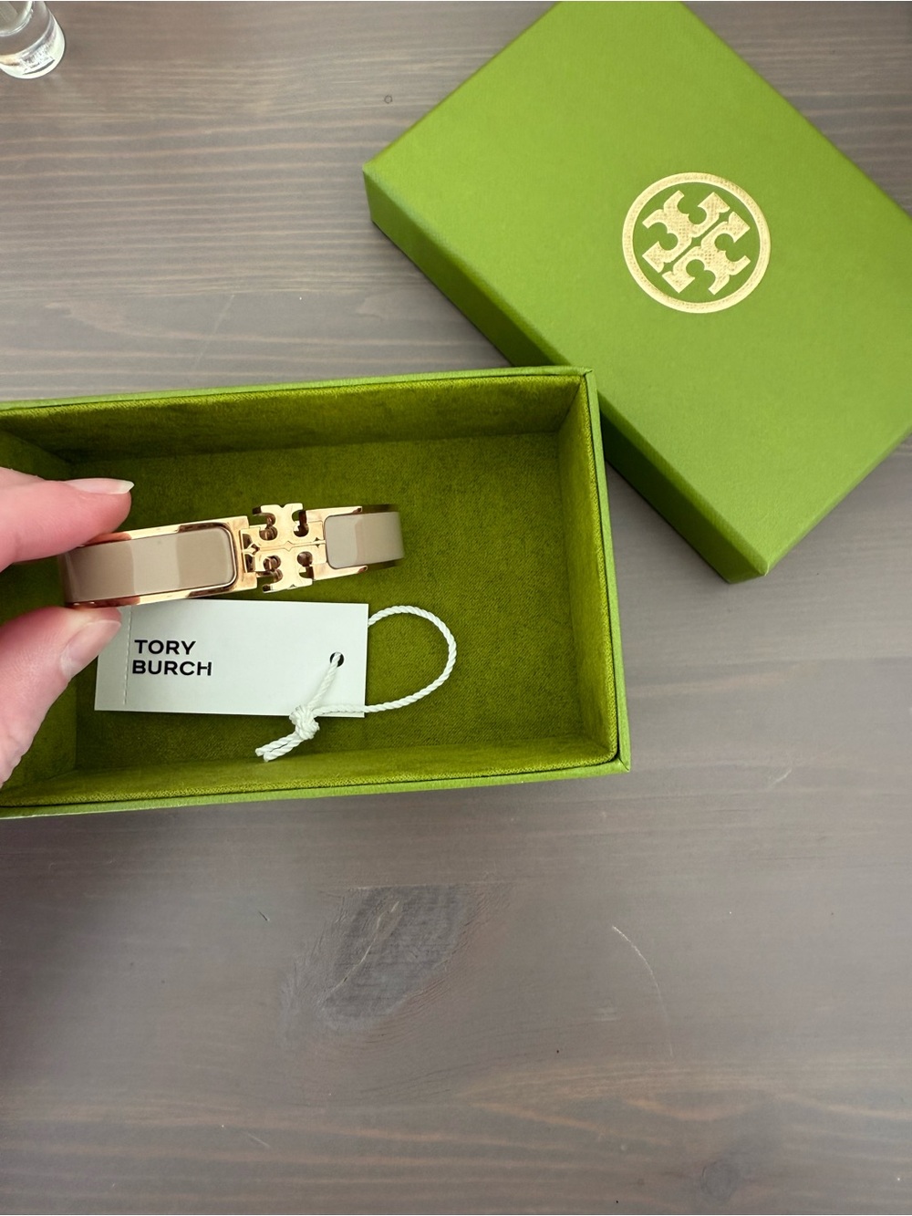Tory Burch Kira Enamel Bracelet - 18k Gold Plated and Taupe Enamel Logo Bracelet